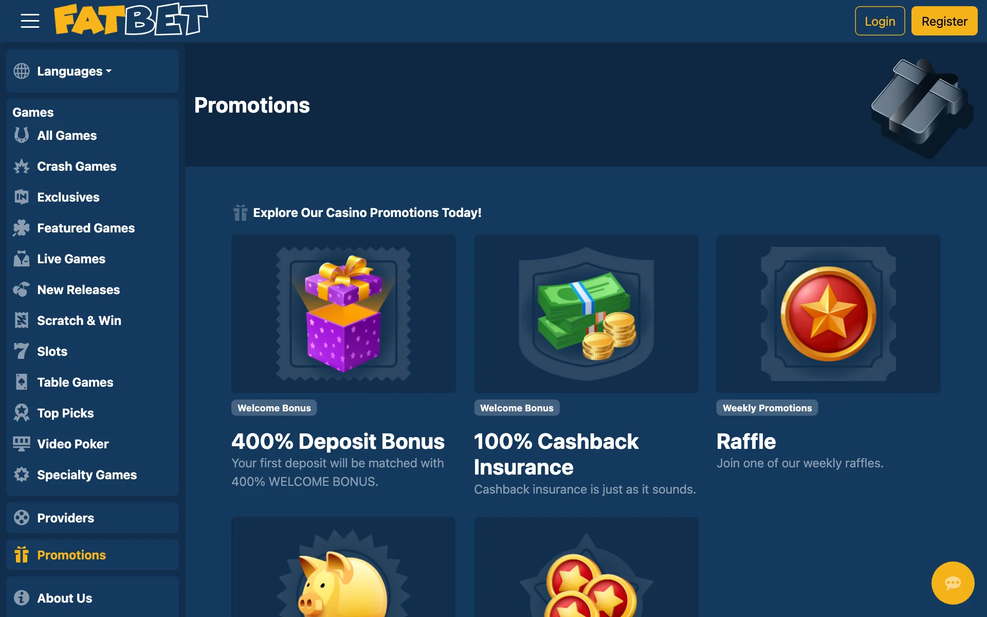 FatBet promotions page with the welcome choice and weekly offers