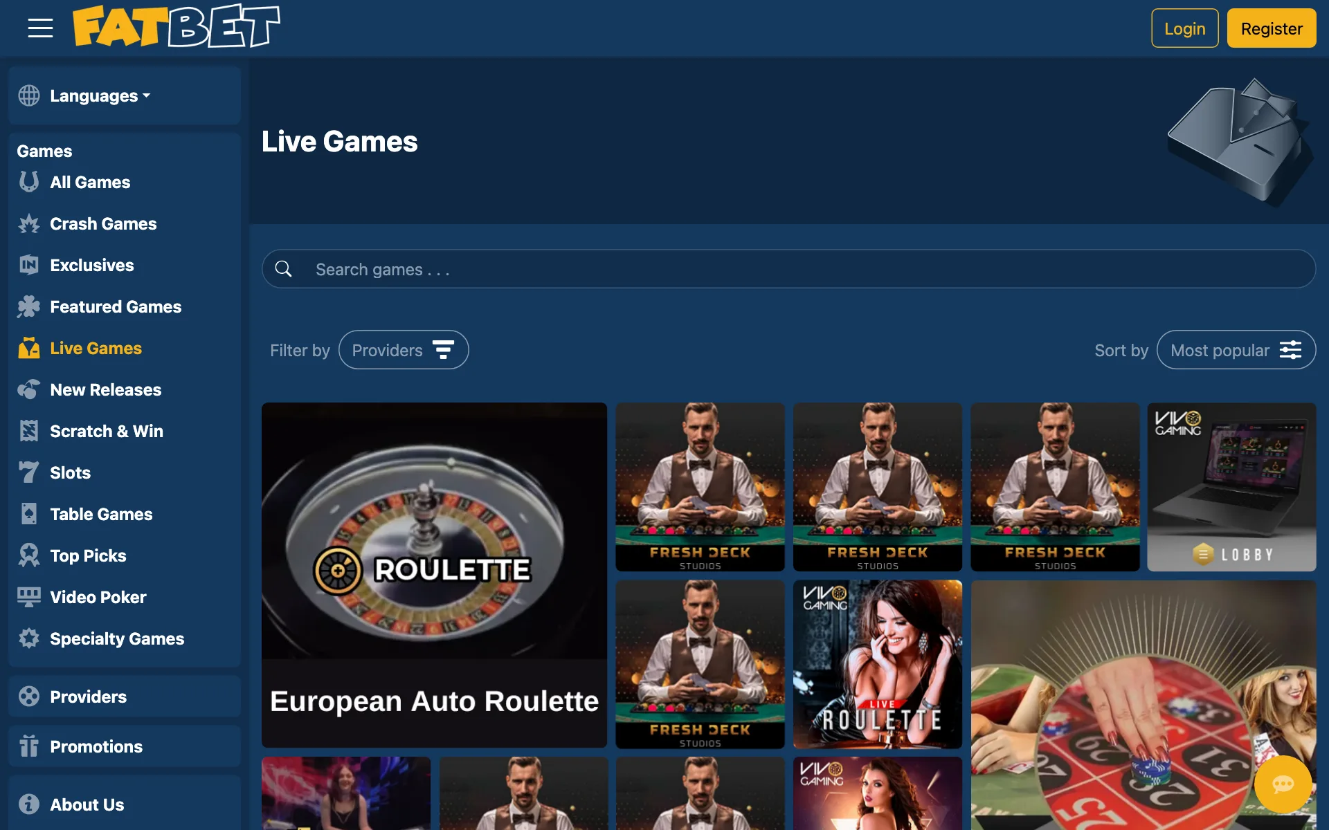 FatBet live games lobby with roulette tables