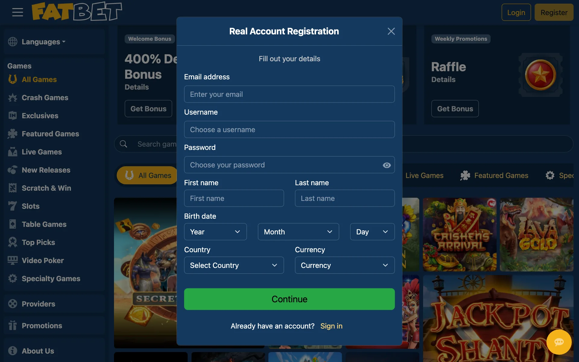 FatBet registration window